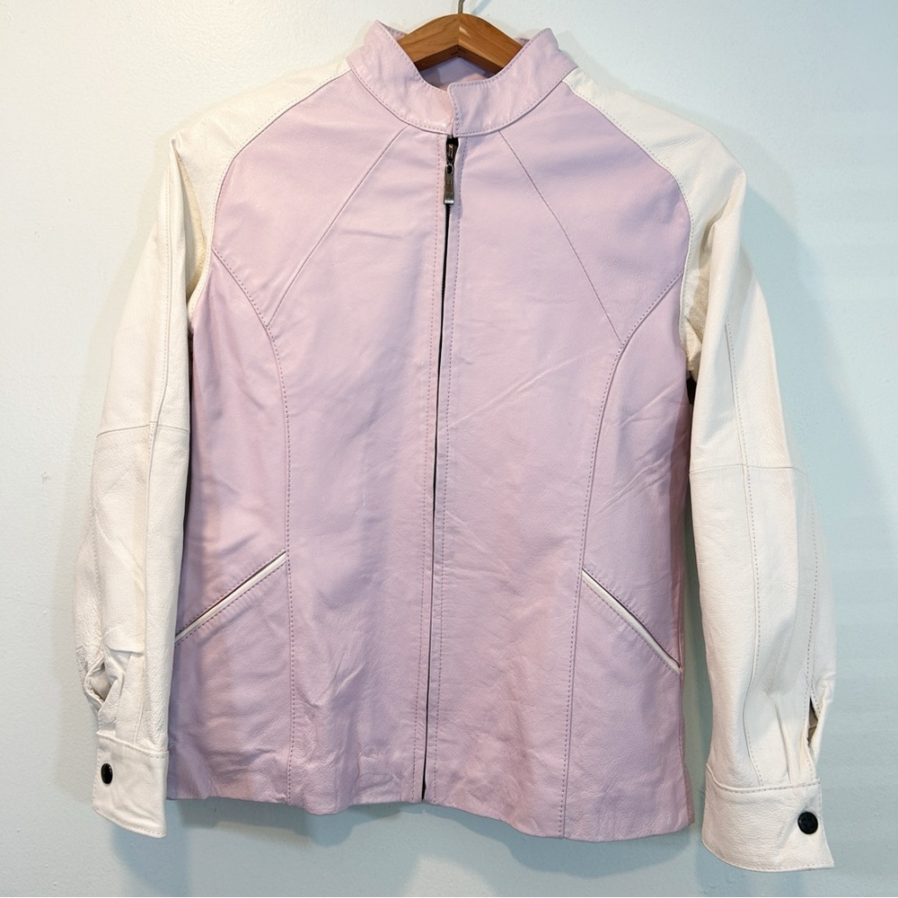 VTG Leather USA Co. Pastel Lavender Purple White Leather Moto Biker Jacket Sz M